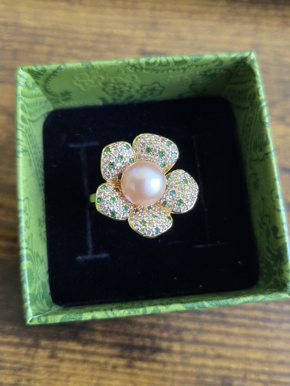 Gold Floral Pearl Ring with Green Crystal Petals
